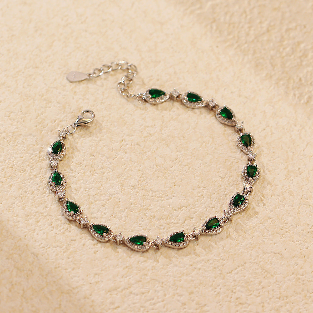 Vintage Geometric Emerald Green Rhinestone-Set S925 Sterling Silver Bracelet for Women with Luxe Elevated Aesthetic