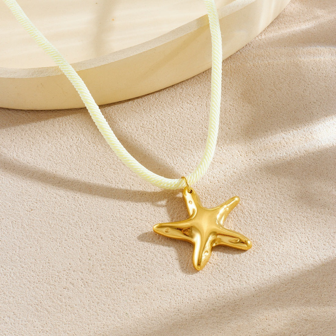 Milky White Textured Rope Chain Starfish Pendant Gold Plated Stainless Steel Necklace