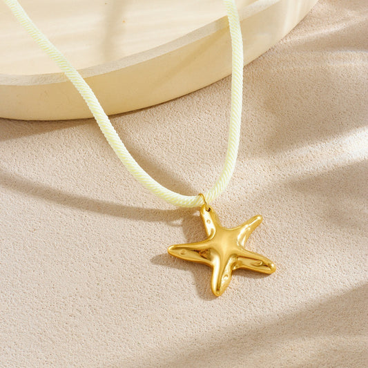 Milky White Textured Rope Chain Starfish Pendant Gold Plated Stainless Steel Necklace