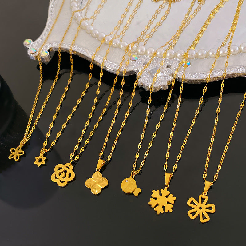 Layered Floral Geometric Hollow Snowflake Clover Pendant Plated Titanium Steel Necklace for Unisex