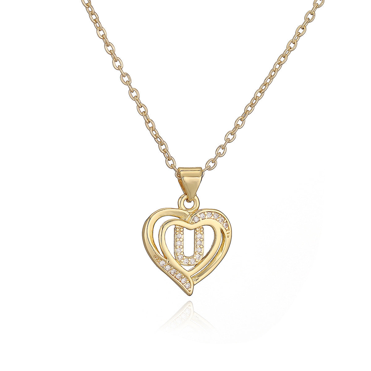 Collana con Pendente Minimalista in Rame, Placcatura in Oro 18K e Dettagli in Zircone a Forma di Cuore e Lettera per Donne