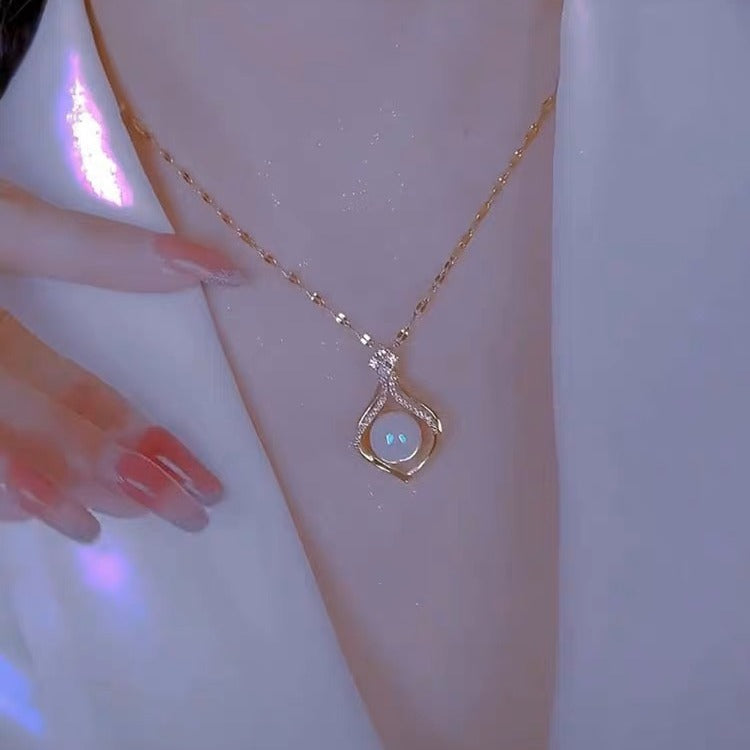 Elegant Minimalist Geometric Pendant Necklace for Women Titanium Steel Clavicle Chain with Hollow Pearl Accent and Rhinestone Inlay
