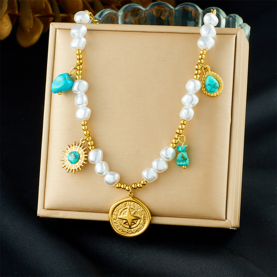 Vintage Elegant Heart Bow Stainless Steel Plated Pearl Ball Chain Necklace for Women