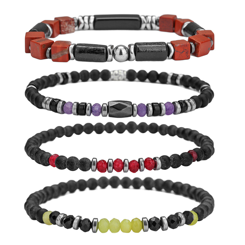 Hip-hop Minimalist Geometric Round Hematite and Black Magic Sand Stone Handmade Beaded Bracelet for Men and Women