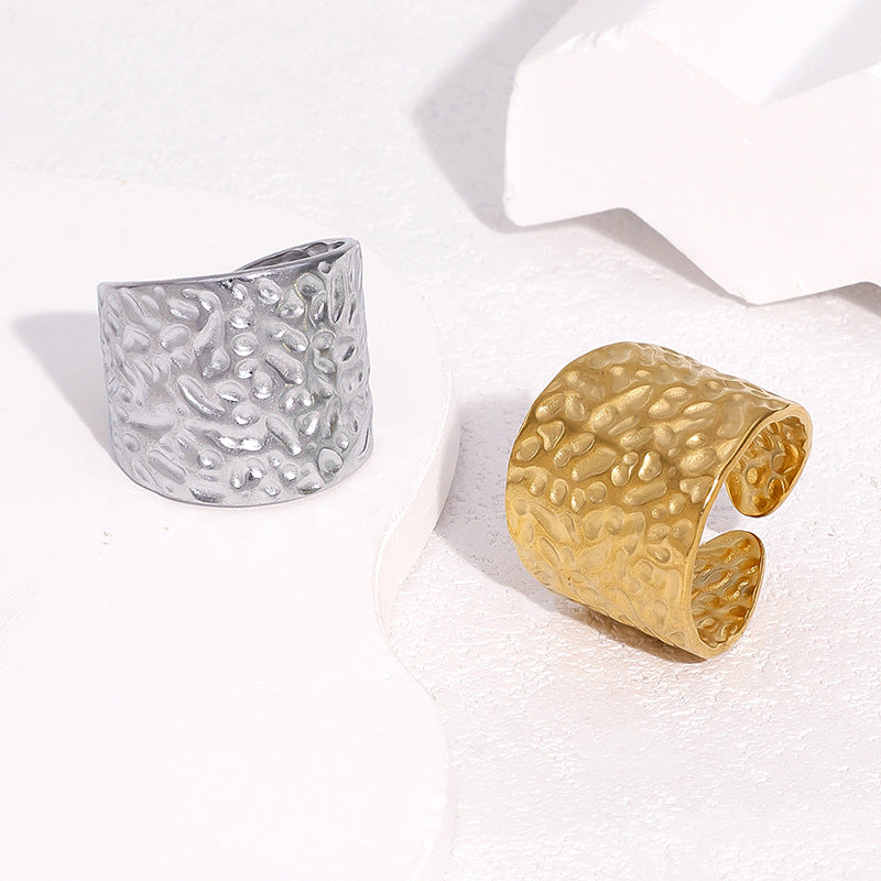 Minimalist Geometric Stainless Steel Open Ring with Hammered Texture and 18K Gold Plating for Women