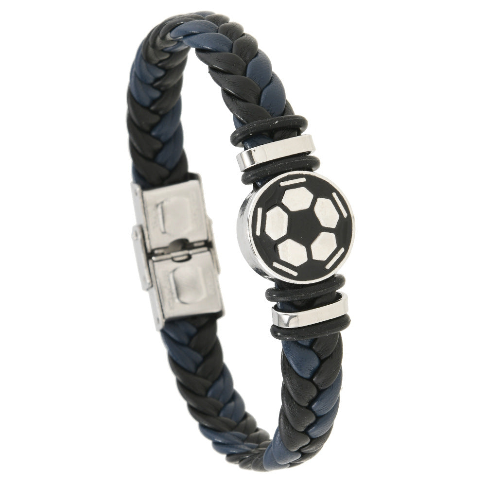 Pulsera unisex de cuero con diseño geométrico pulido y elemento luminoso de balón de fútbol