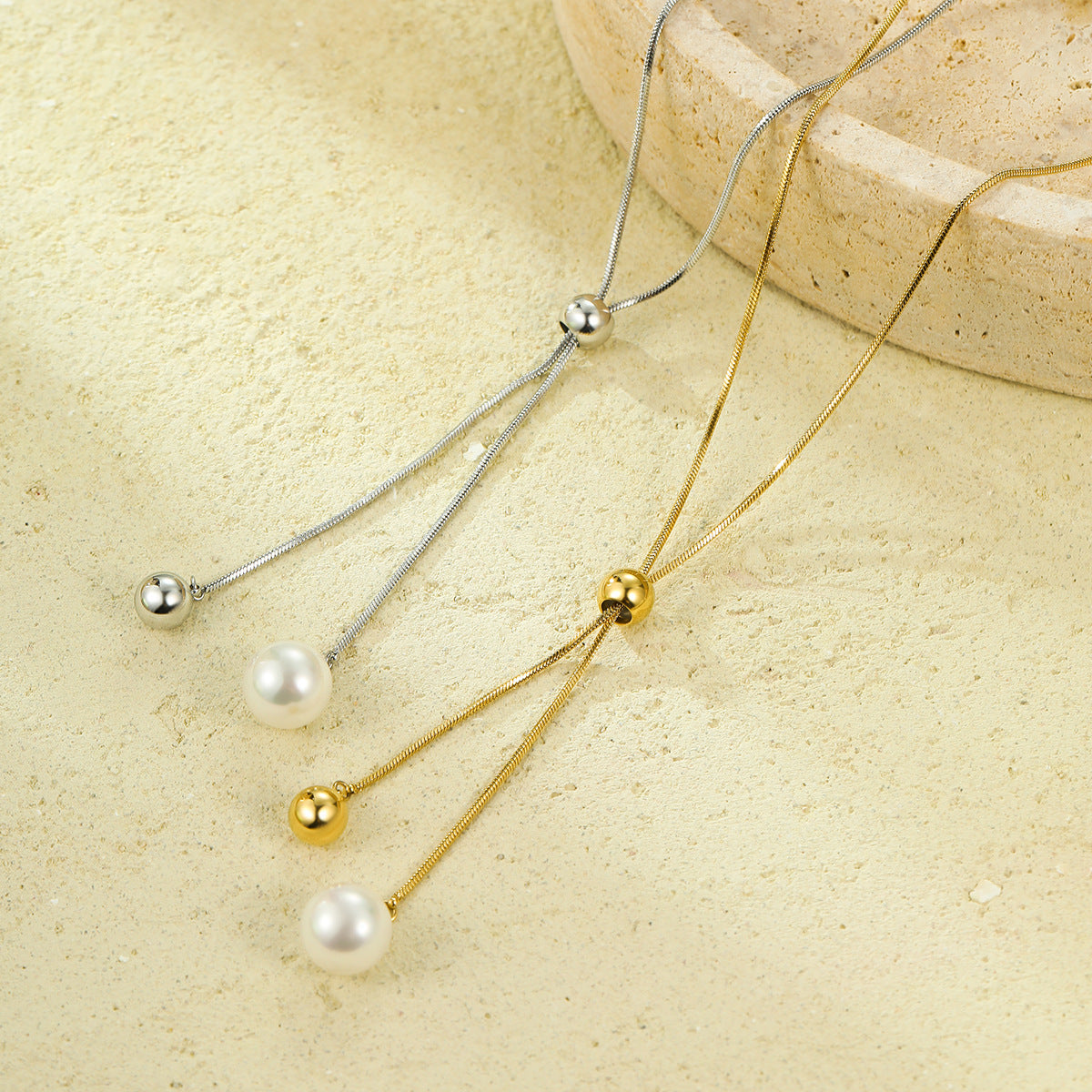 Collana Lunga Regolabile in Acciaio Inossidabile con Perle e Design Geometrico, Stile OL, alla Moda per Donna