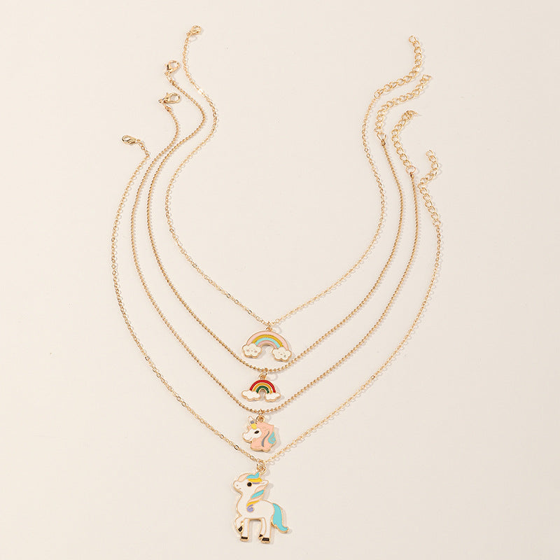 Collana con ciondolo unicorno arcobaleno in lega smaltata per ragazze, con catena a serpente in stile principessa