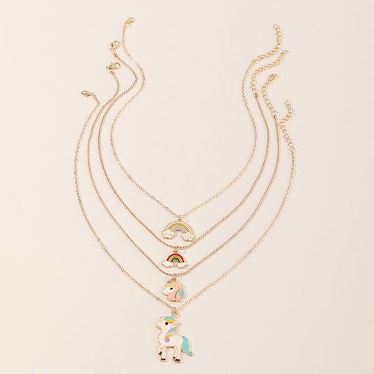 Rainbow Unicorn Enamel Alloy Pendant Necklace for Girls with Snake Chain in Princess Style
