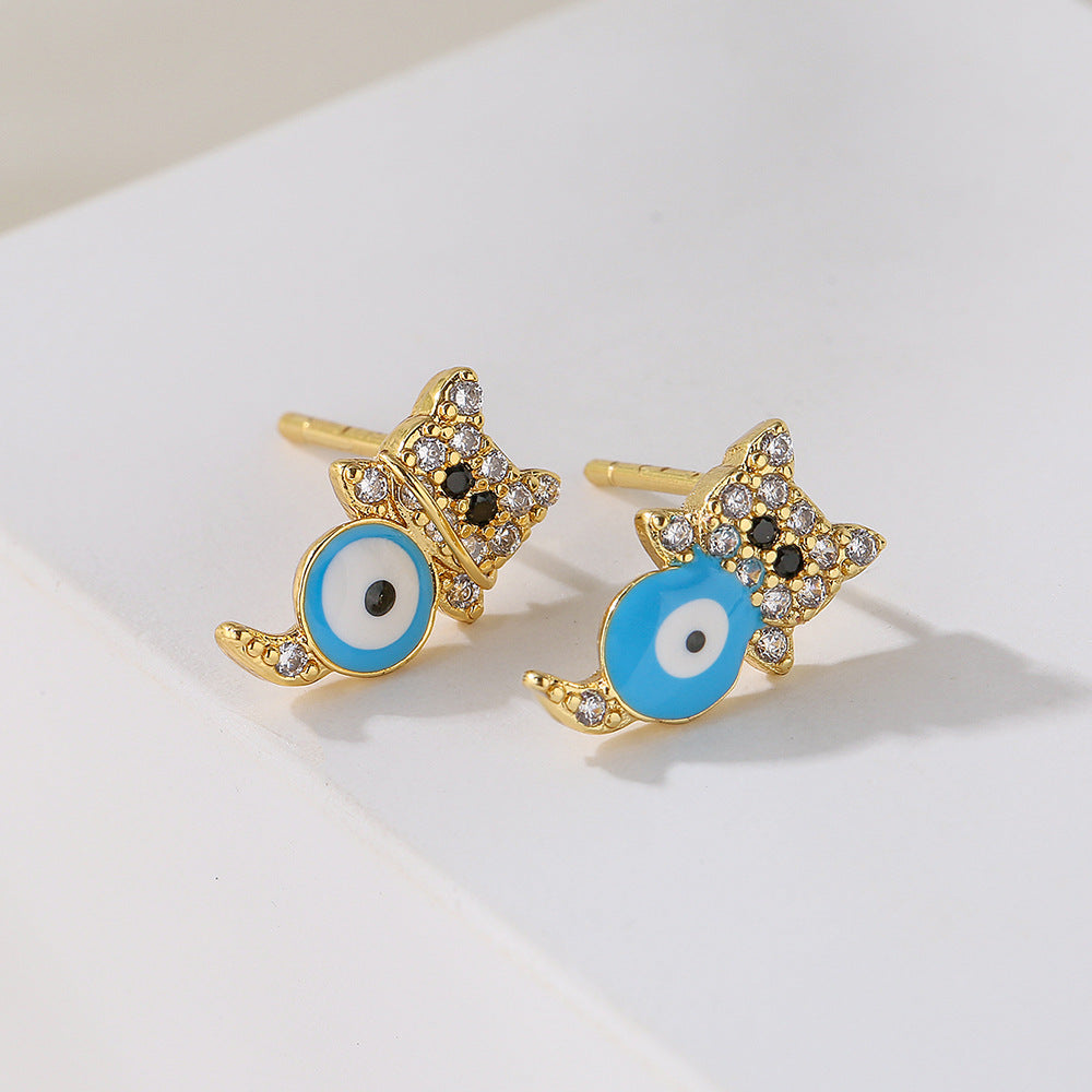 Orecchini geometrici da donna a forma di gatto, in rame con placcatura in oro 18K e finitura smaltata