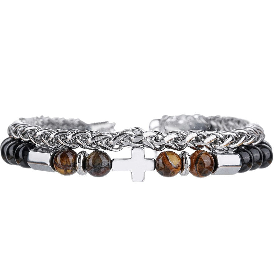 Hip-hop Streetwear Stainless Steel Cross Bracelet with Agate and Tiger's Eye for Men and Women