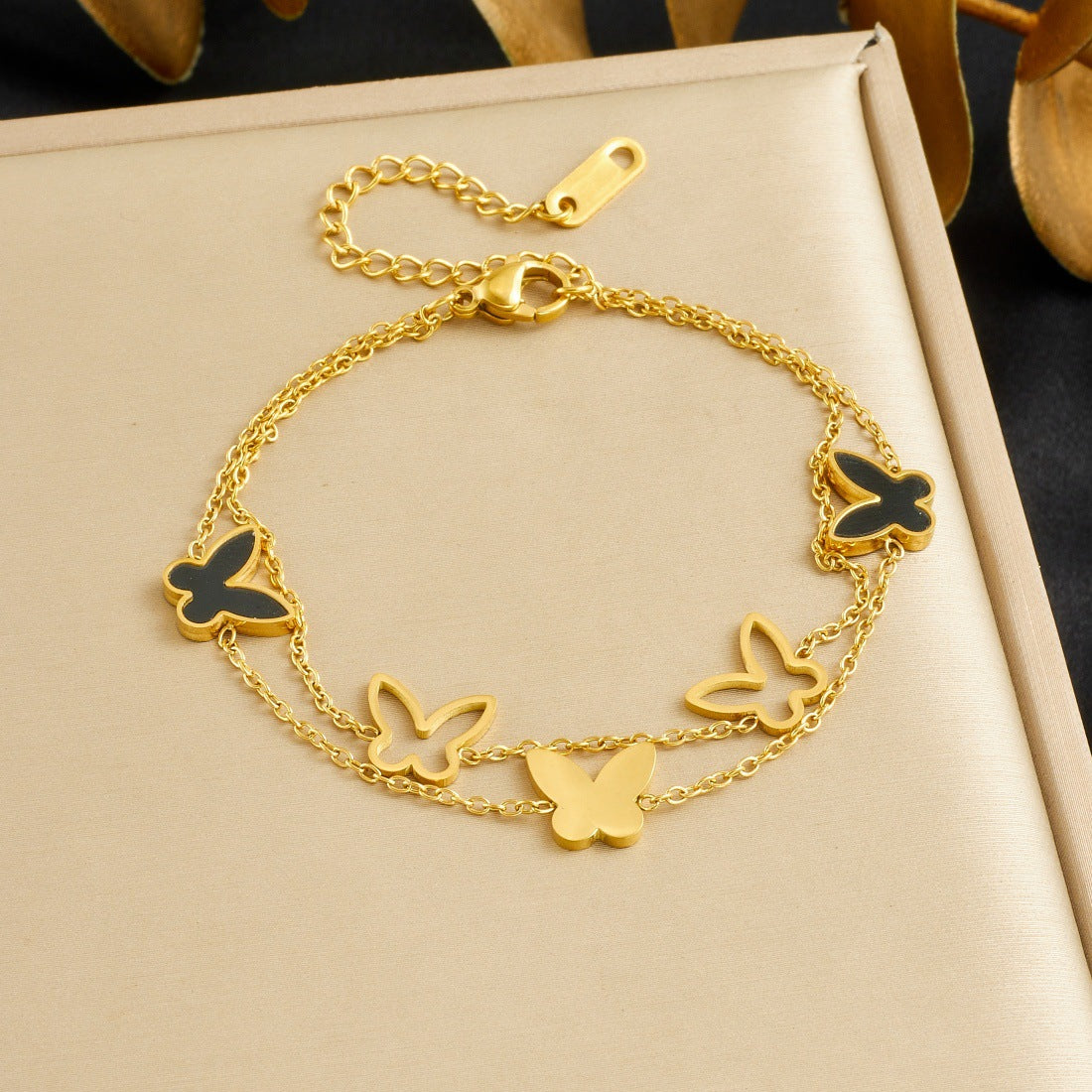 Hollow Black Butterfly Stainless Steel Gold Plated Double Layer Chain Bracelet for Women