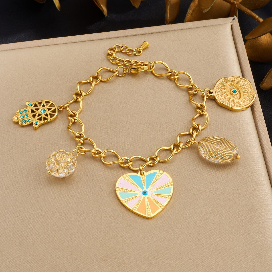 Elegant Gold Plated Drip Oil Striped Cartoon Heart Stainless Steel Bracelet
