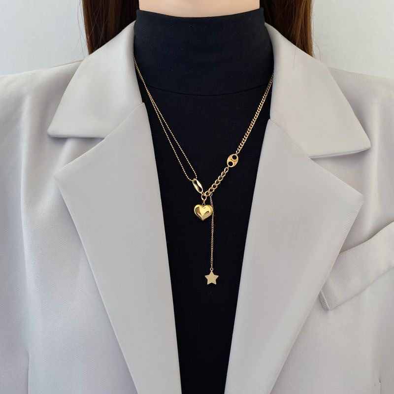 Hip-hop Titanium Steel Heart Star Pendant Necklace with Tassel for Women