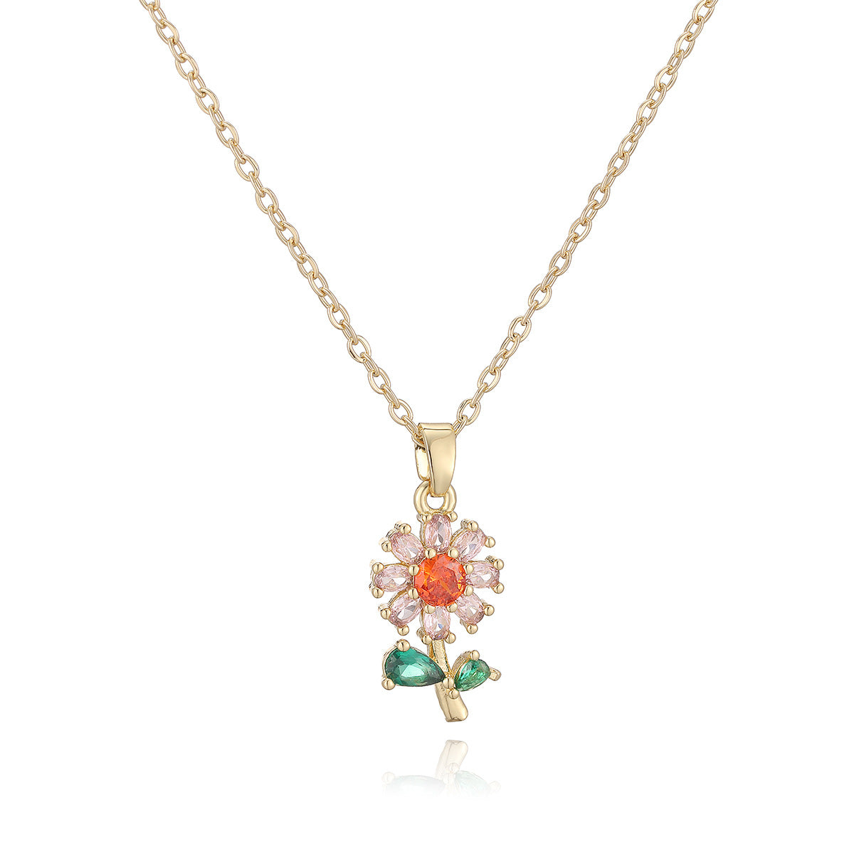 Minimalist 18K Gold Plated Brass Floral Geometric Cubic Zirconia Pendant Necklace