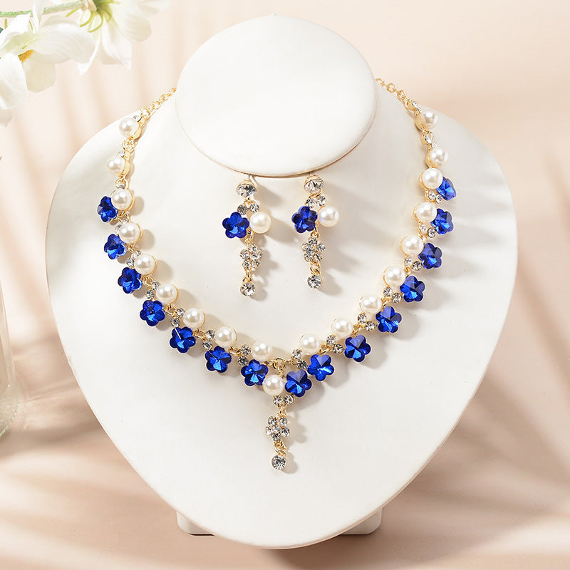 Elegant Rhinestone Star Moon Floral Plated Necklace and Earrings Set for Women Wedding Party