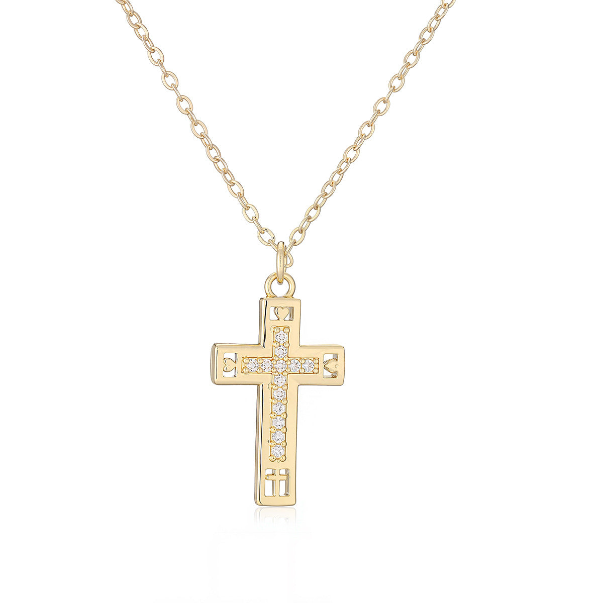 Minimalist 18K Gold Plated Brass Cross Necklace with Cubic Zirconia for Women