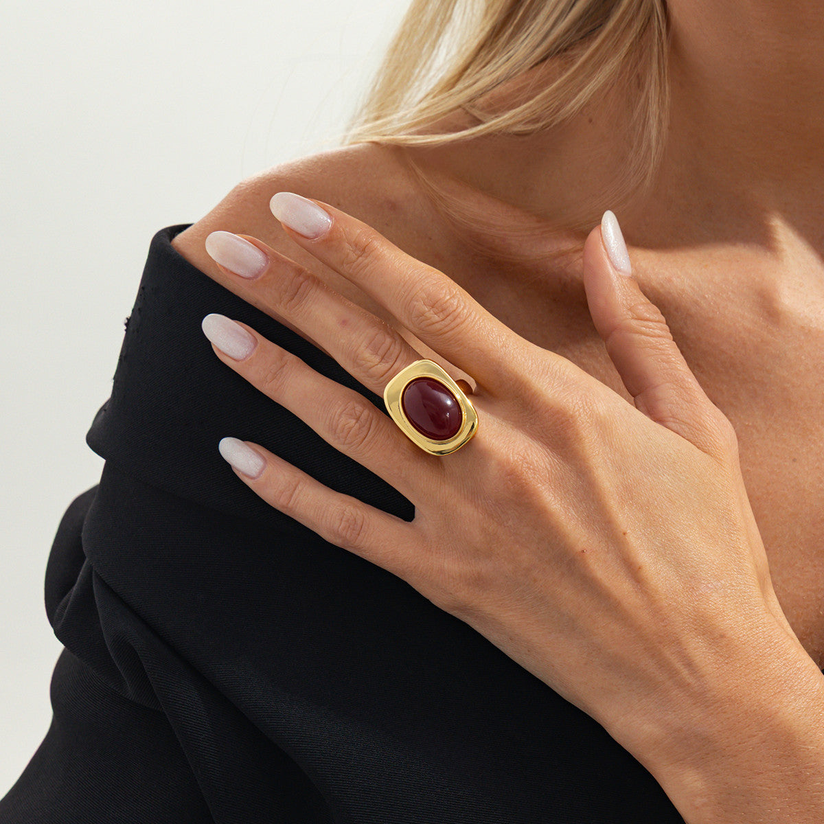 Vintage Luxury Geometric Square Alloy Plated Ring with Red Gemstone for Women