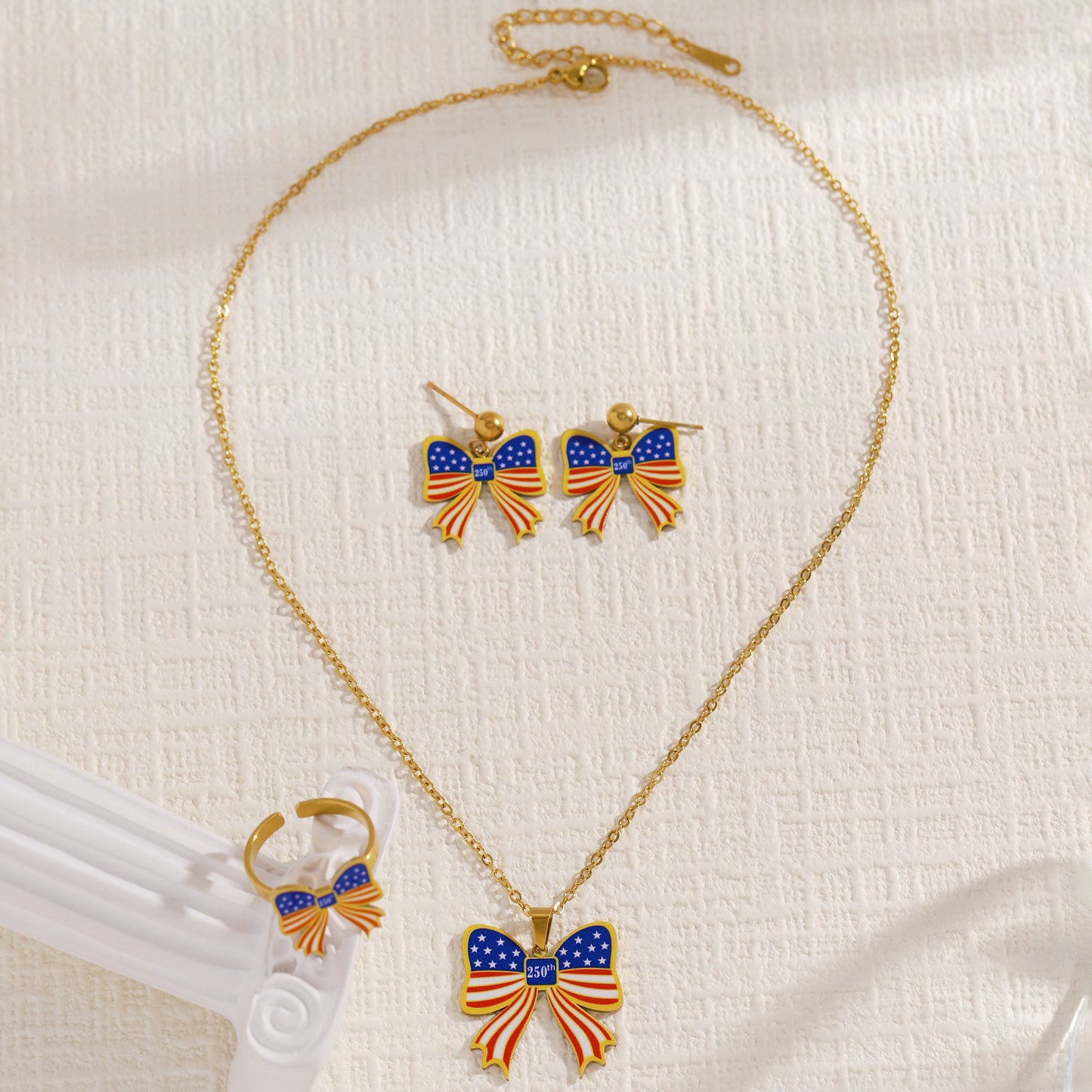 Elegant Stainless Steel Bow Pendant Necklace Set for Women 250th US Independence Day Commemorative Jewelry