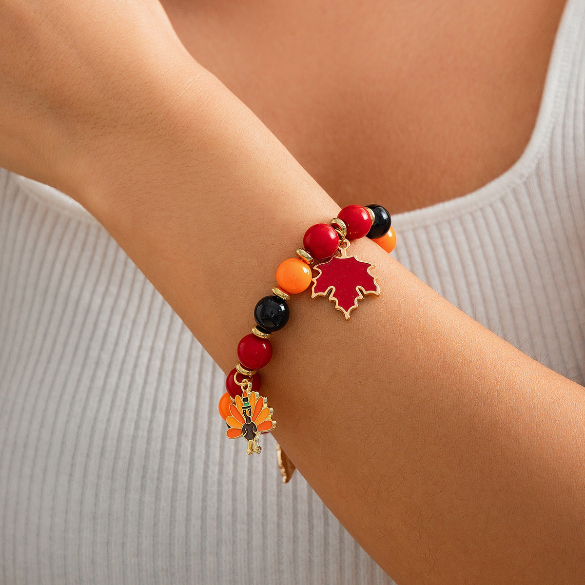Plated Alloy Leaf Letter Acrylic Bead Bracelet for Women