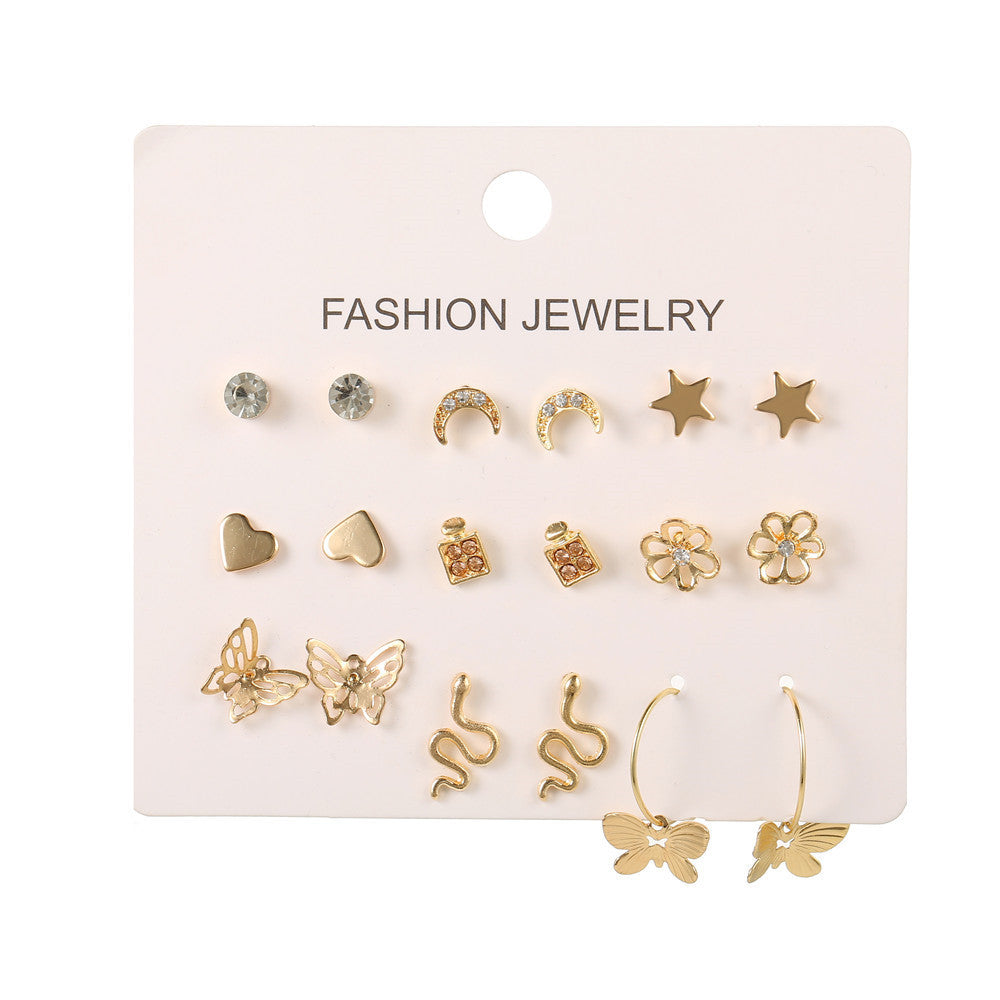 Minimalist Elegant Geometric Star Moon Heart Butterfly Rhinestone Inlay Alloy Handmade Earrings for Women