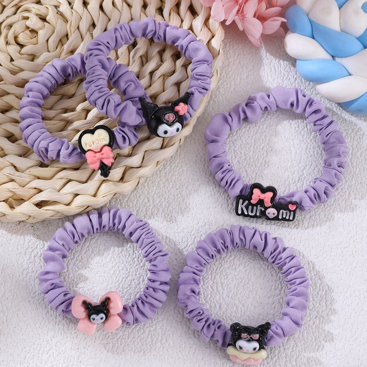 Cute Sanrio-Inspired Hair Tie for Girls with Cartoon Design, Knitted Fabric, Pastel Macaron Color, Sweet Kawaii Style Hair Accessory