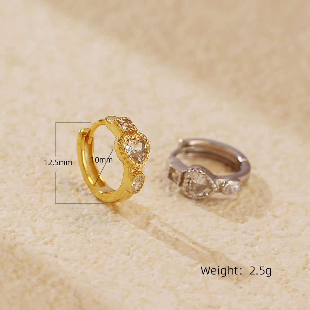 Minimalist Geometric Heart-Shaped S925 Sterling Silver Stud Earrings with Rhinestone Inlay for Women