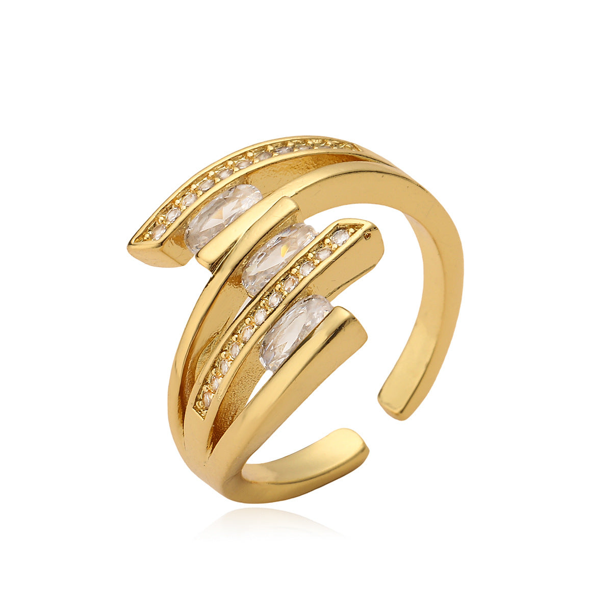 Anello Geometrico Aperto da Donna in Ottone Placcato Oro 18K con Intarsio di Zirconi, Design Minimalista di Tendenza