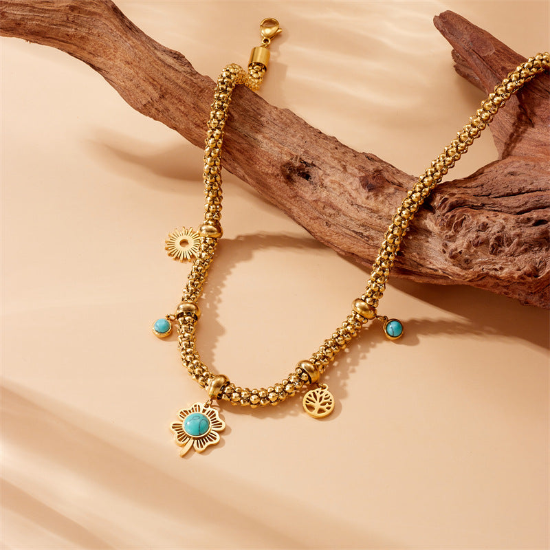 Vintage Fashion Stainless Steel Clover Tree of Life Pendant Necklace with Turquoise Inlay