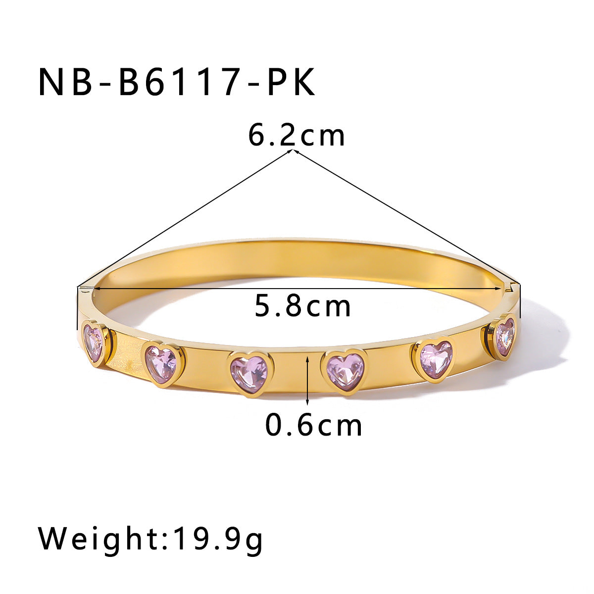 Bracciale da donna in acciaio inossidabile placcato oro 18 carati a forma di cuore stile vintage con zirconi cubici