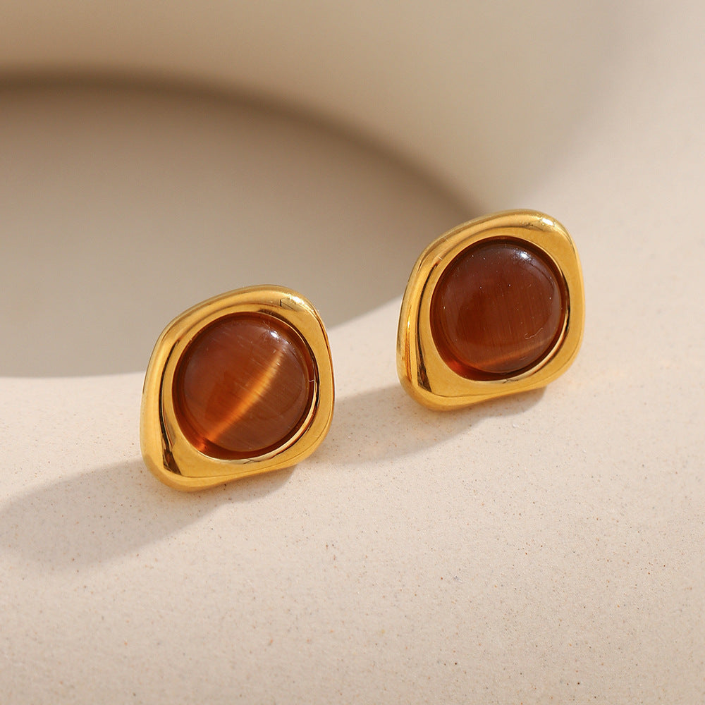 Pendientes de tuerca minimalistas geométricos franceses antiguos de acero inoxidable chapados en oro de 18 quilates con ojo de tigre para mujer