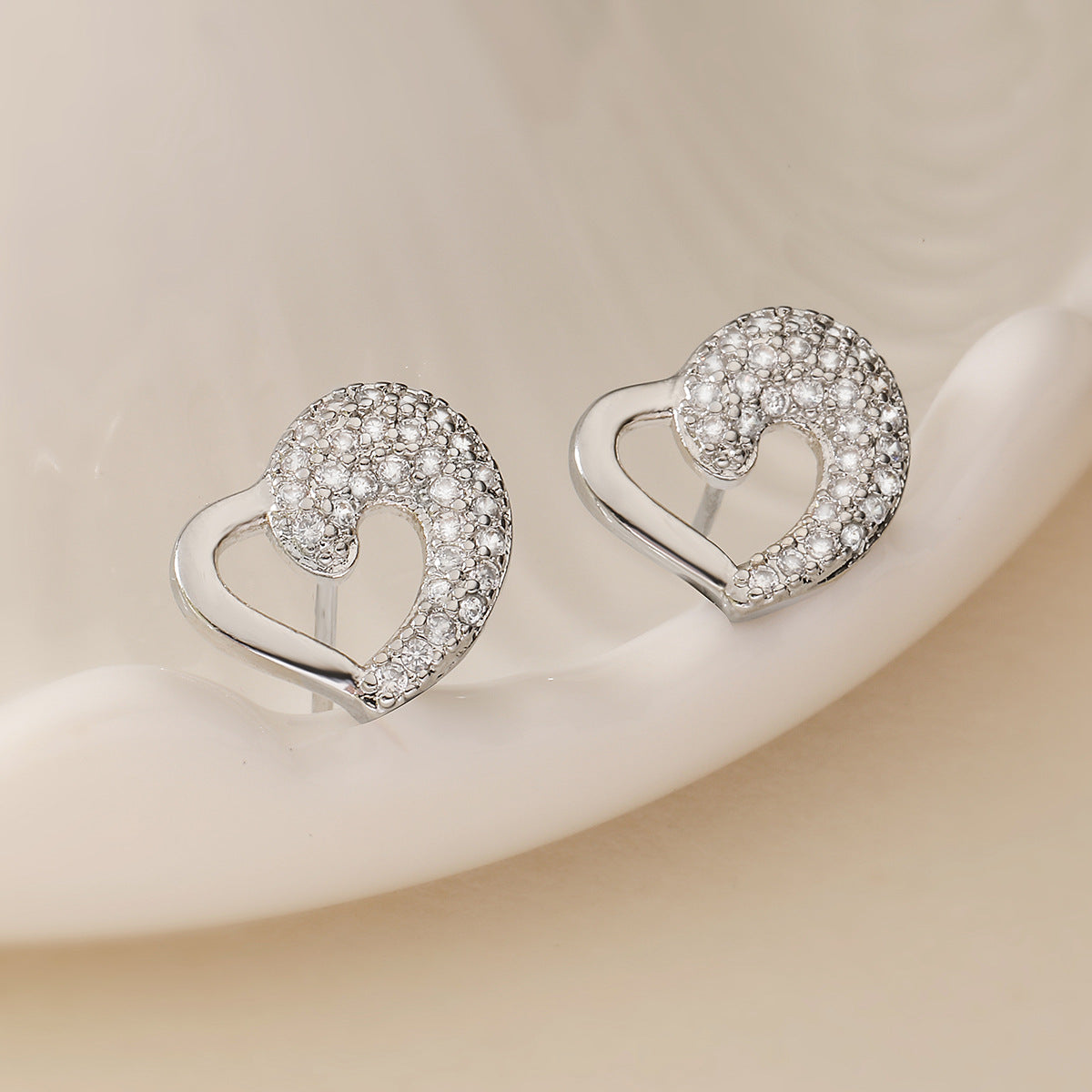 Minimalist Heart-Shaped Zircon Stud Earrings for Women in Copper with Micro-Pave Setting