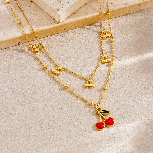 Collana con ciondolo a forma di ciliegia in acciaio inossidabile con finitura placcata, design a catena O per donna