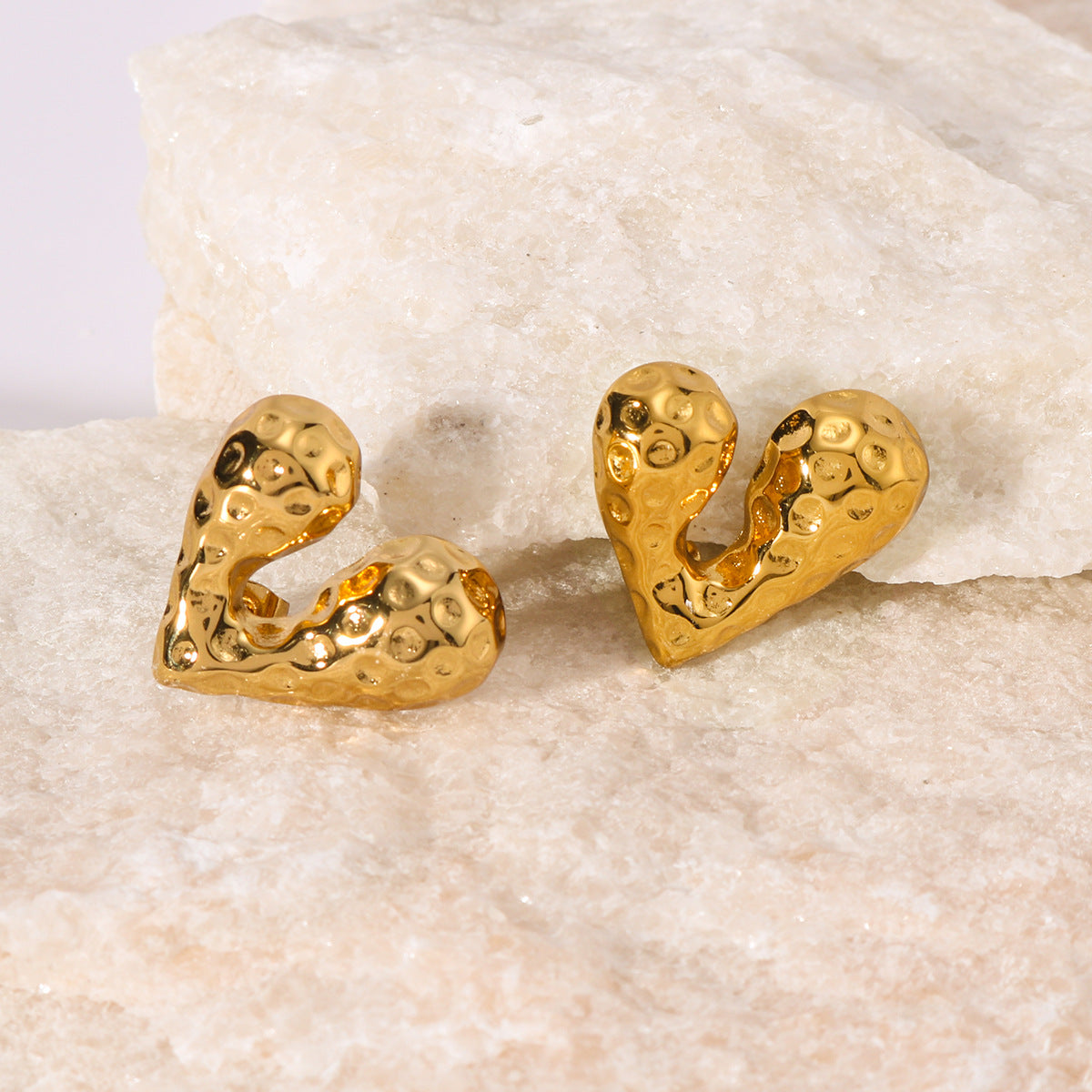 Minimalist Heart-Shaped Hammered Stainless Steel Earrings with 18K Gold Plating for Women