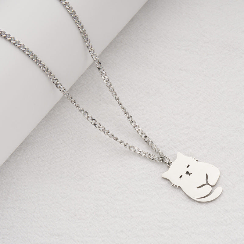 Simpatica collana con ciondolo a forma di gatto in acciaio al titanio con design geometrico, finitura galvanizzata, stile fresco e dolce per le donne