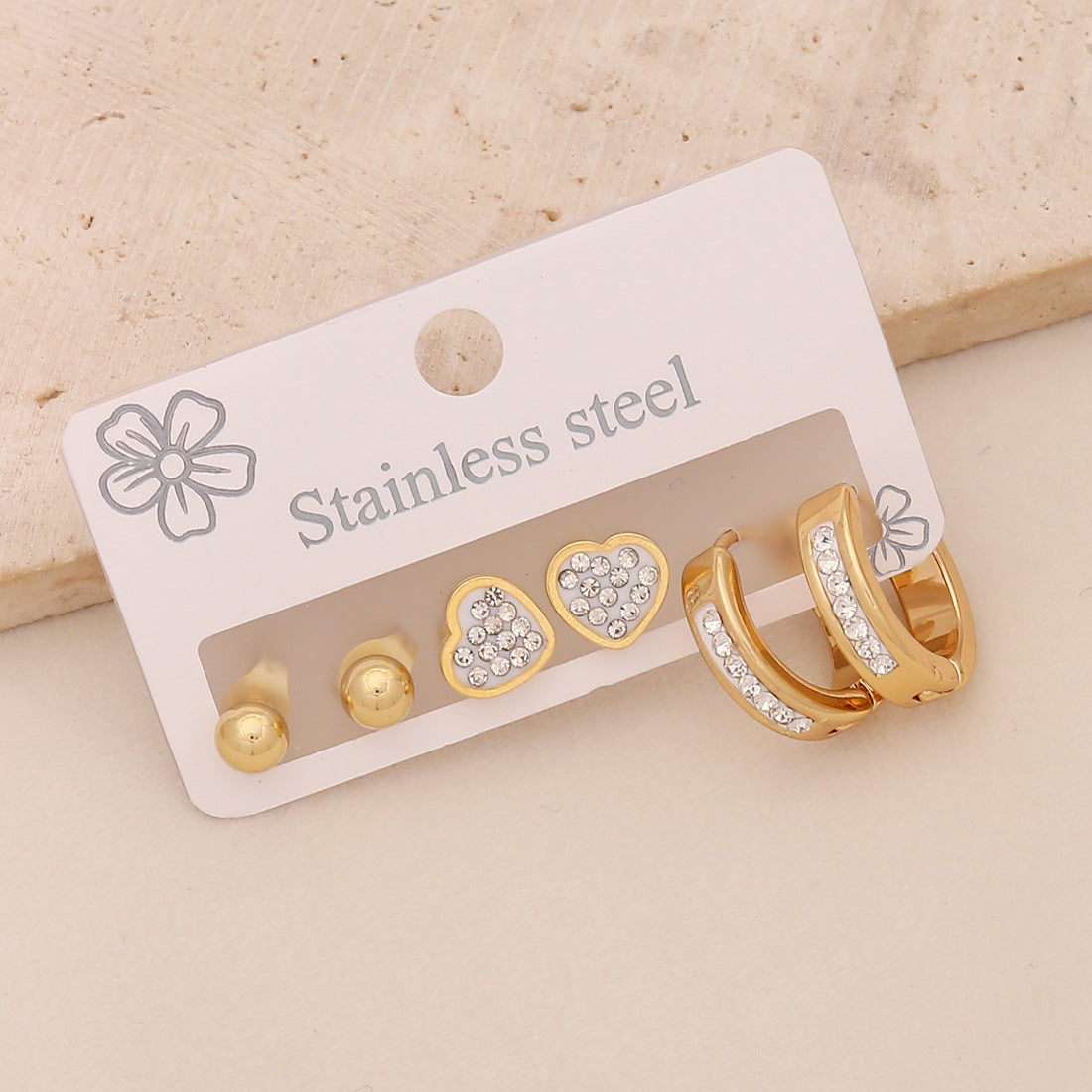 Orecchini a perno da donna a forma di cuore, stella, luna in acciaio inossidabile alla moda con intarsio completo di strass
