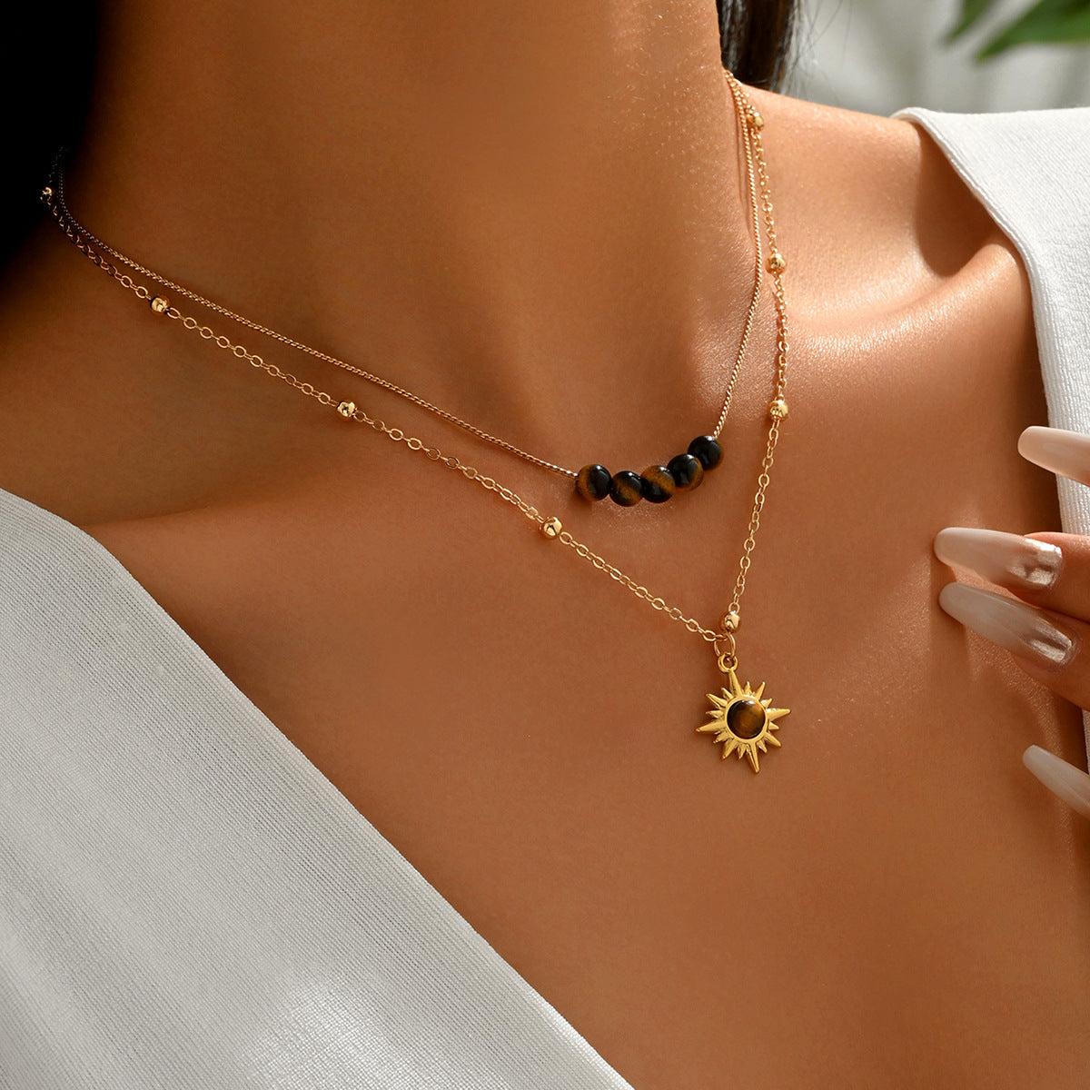 Geometric Floral Tiger Eye Zinc Alloy Handmade Necklace for Women