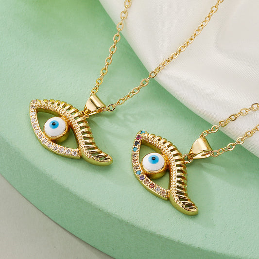 Collar con colgante de ojo azul geométrico minimalista para mujer con base de cobre y chapado en oro real con detalles de circonita