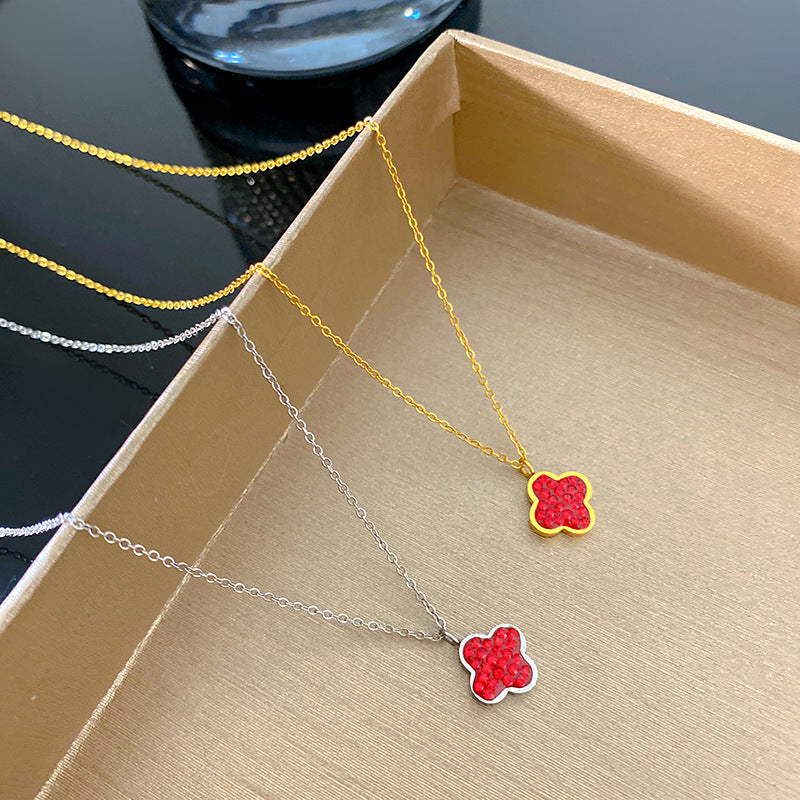 Elegant Micro-Set Cubic Zirconia Red Geometric Titanium Steel Necklace for Unisex