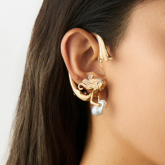 Pendientes de clip minimalistas de ángel-sirena para mujer con detalles de perlas de imitación y postes de acero galvanizado