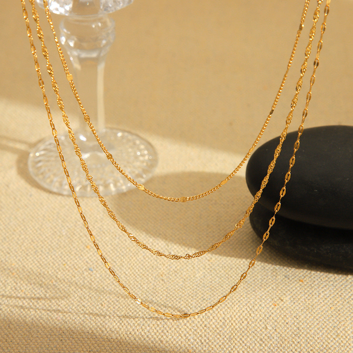 Trendy Geometric 18K Gold Plated Stainless Steel Triple Layer Necklace for Women