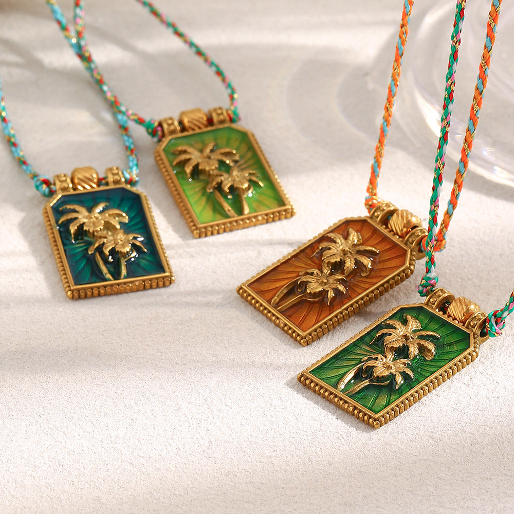 Minimalist Geometric Stainless Steel Plated 18K Gold Coconut Tree Tarot Pendant Necklace for Women with Enamel Detail and Colorful Braided Cord