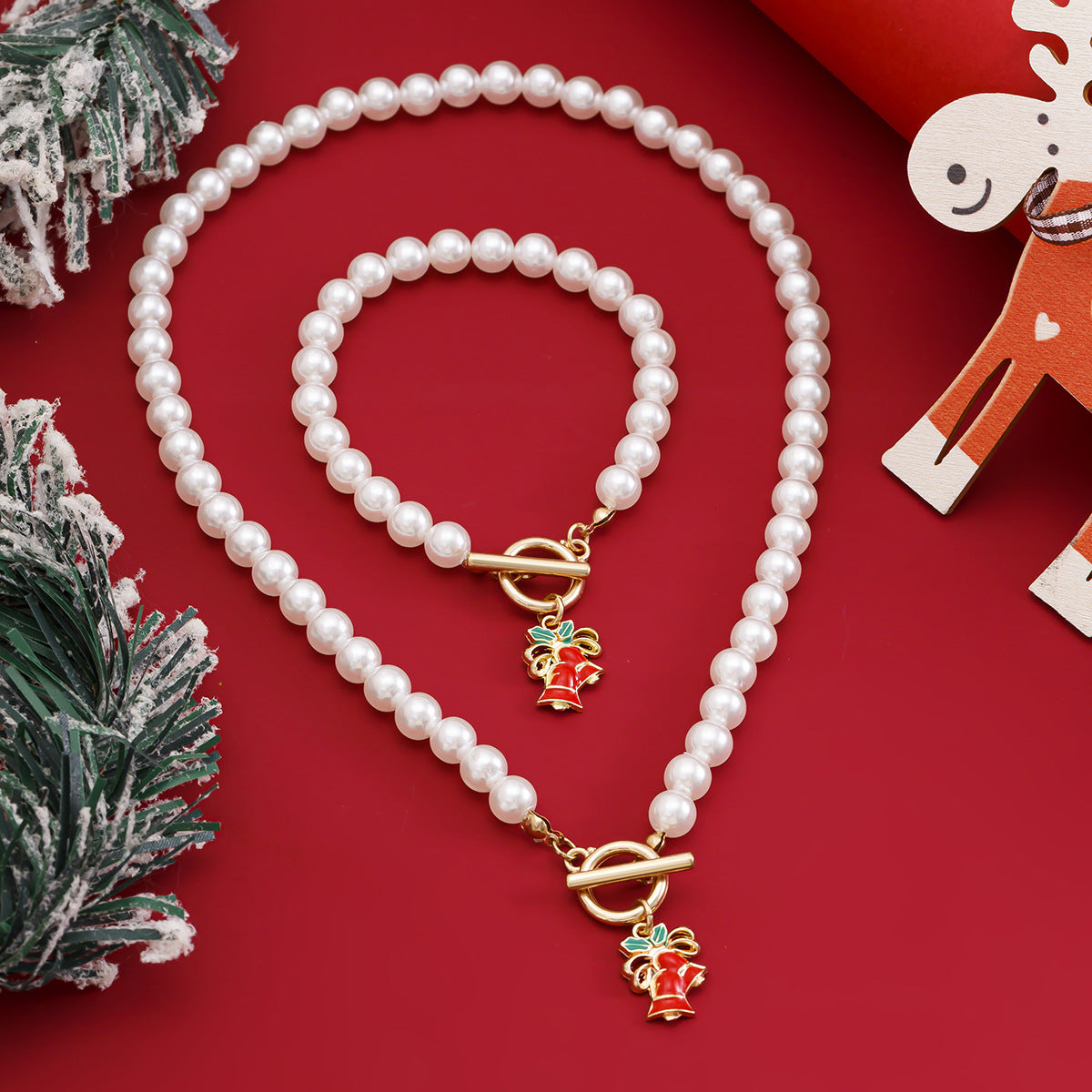 Collana pendente a fiocco di neve geometrico per albero di Natale in lega da donna con perle imitatione e finitura galvanizzata