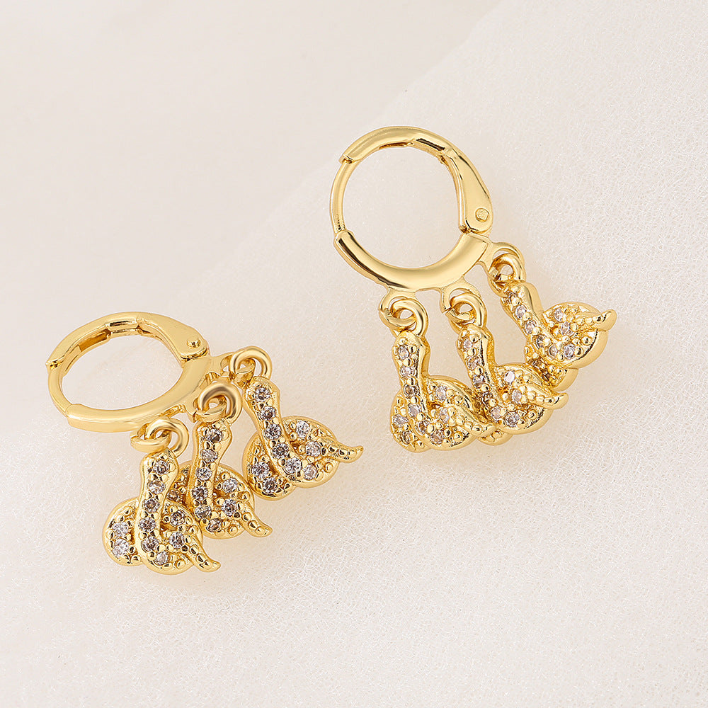 Geometric Snake-Shaped Copper Earrings with Zircon Inlay and 18K Gold Plating for Women