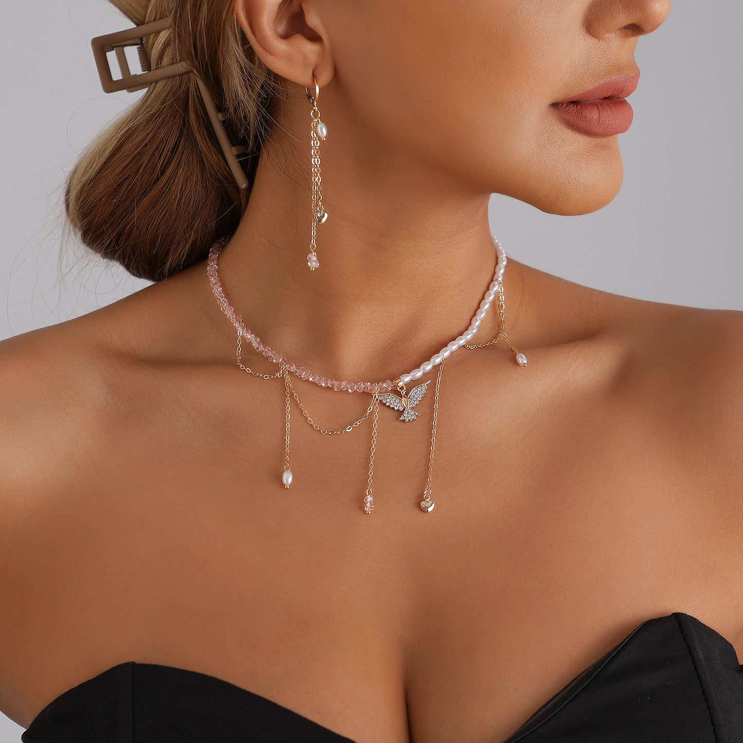 Fashion Rhinestone Crystal Pearl Wing Geometric Alloy Plated Tassel Necklace for Women