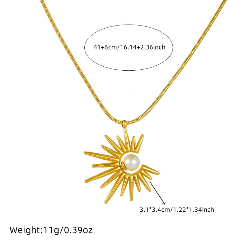 Conjunto de collar, aretes y anillo vintage de girasol con perlas para mujer, cadena de caja de acero inoxidable enchapado