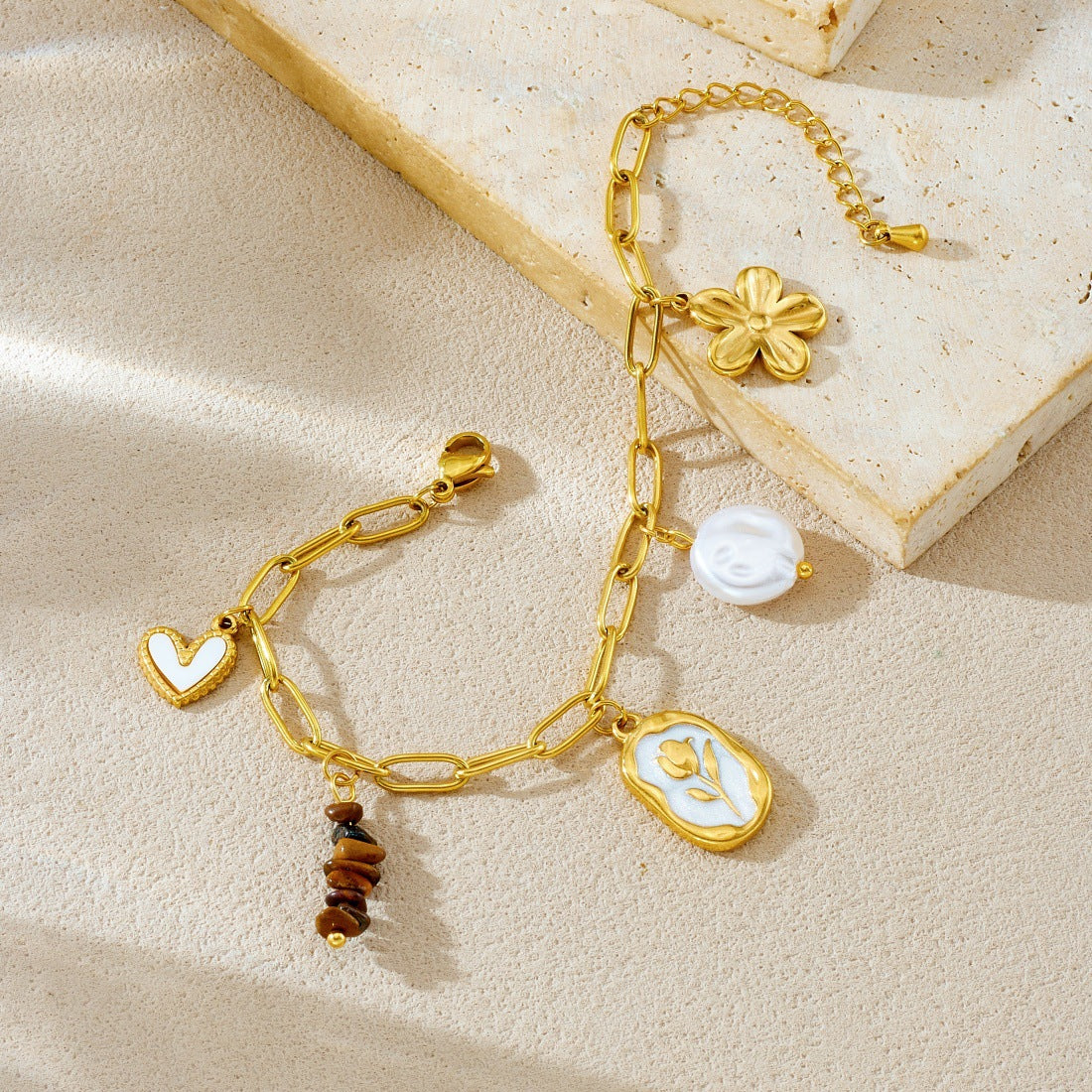 Elegant Geometric Heart Flower Stainless Steel Plated Necklace and Bracelet Set with Pearl and Tiger's Eye for Women