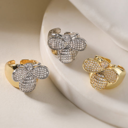Minimalist Vintage Luxury 18K Gold Plated Brass Geometric Cubic Zirconia Inlay Bee Ring for Women