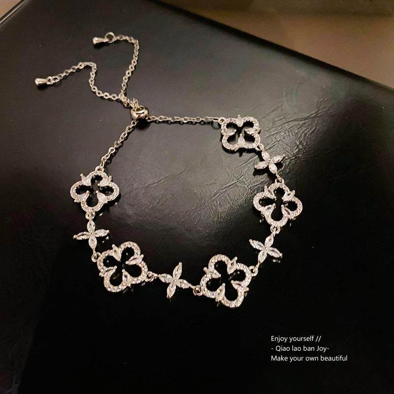 Elegant Floral Cubic Zirconia Inlaid Brass Bracelet for Women
