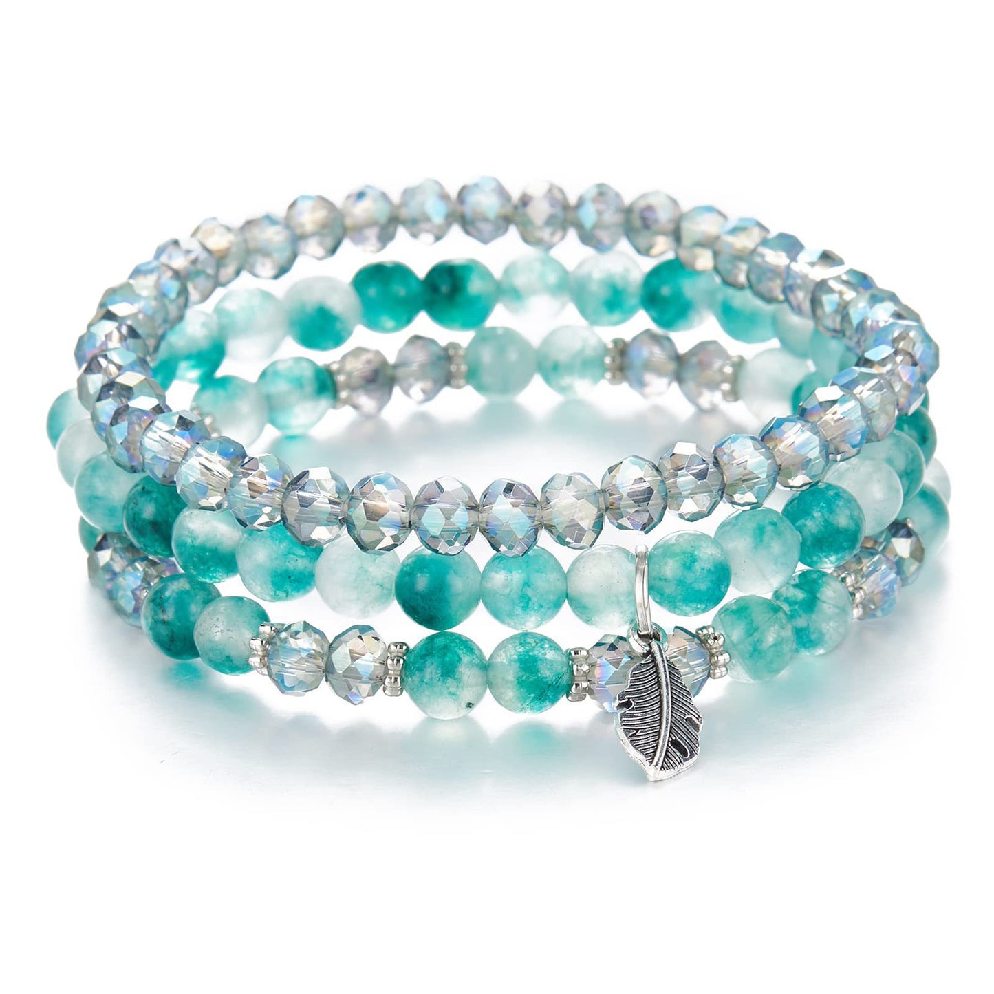 Minimalist Geometric Crystal Feather Pendant Bracelet Set